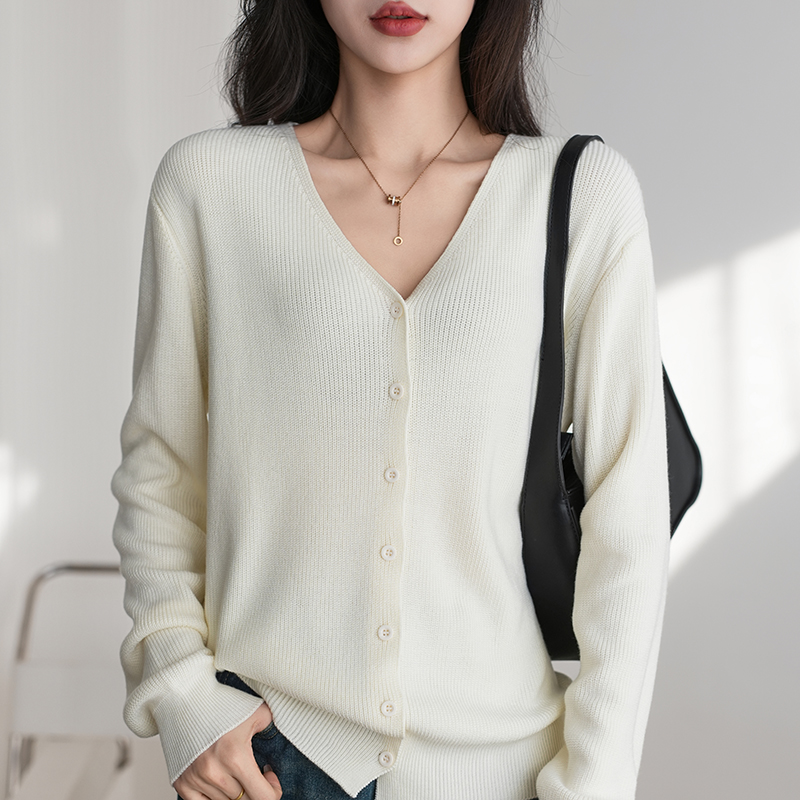 Spring/Autumn 100% Cotton Women's Sweater Casual V-neck Knitted Cardigan Ethnic Style Korean Edition Large Jacket Ttops: M / WHITE