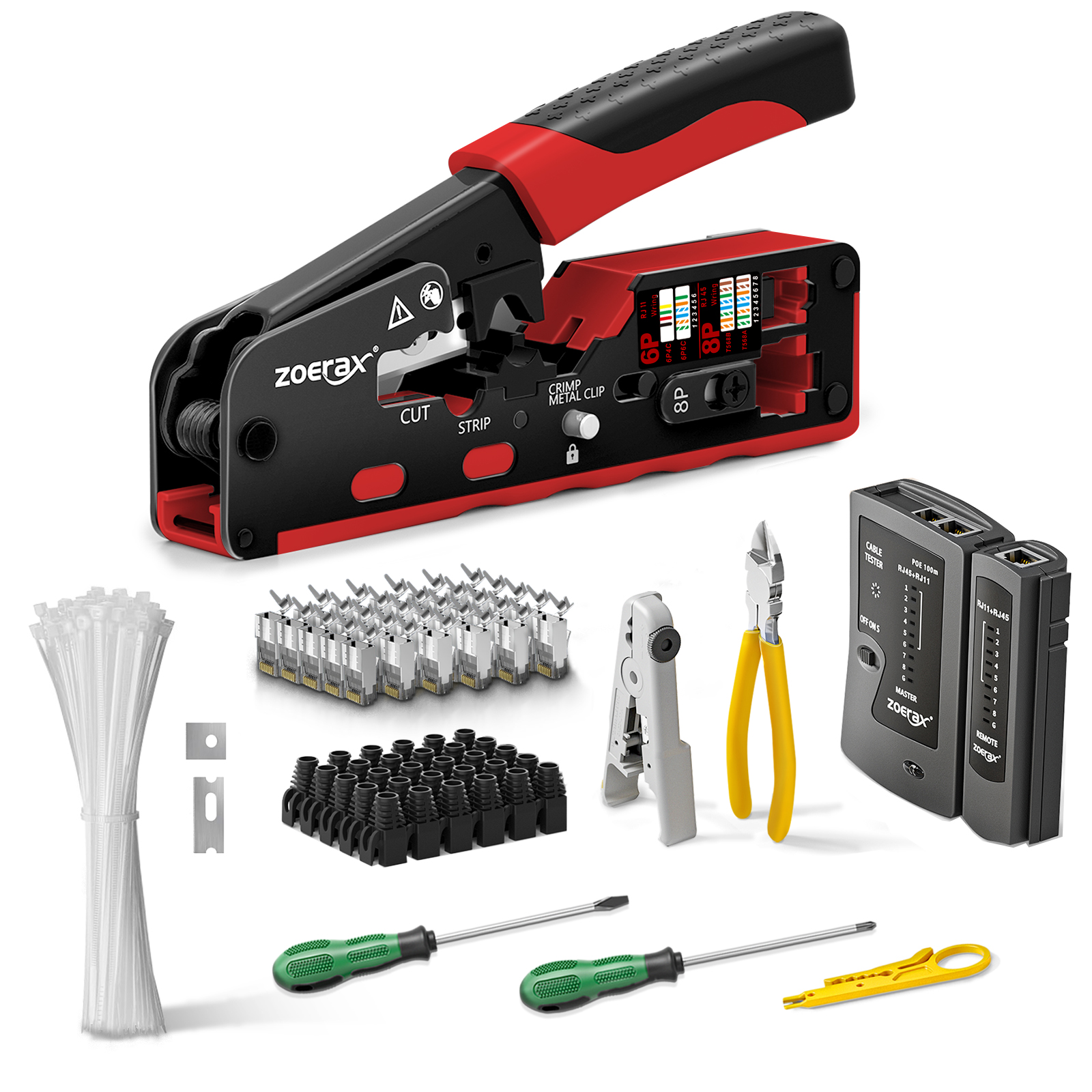 ZoeRax Network Tool Kit - Cat7 Cat6A Cable Tester, Crimper, Wire Cutter, Connectors, Boots, Ties, Screwdrivers: Blue