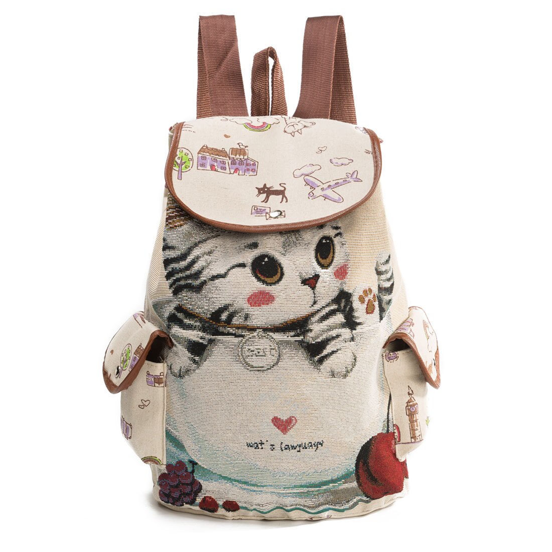 Canvas schooltassen met cartoon kattenprint, kinderrugzak, zachte achterkant met gesp, schooltassen voor tienermeisjes, rugzak voor kinderen: Kat een
