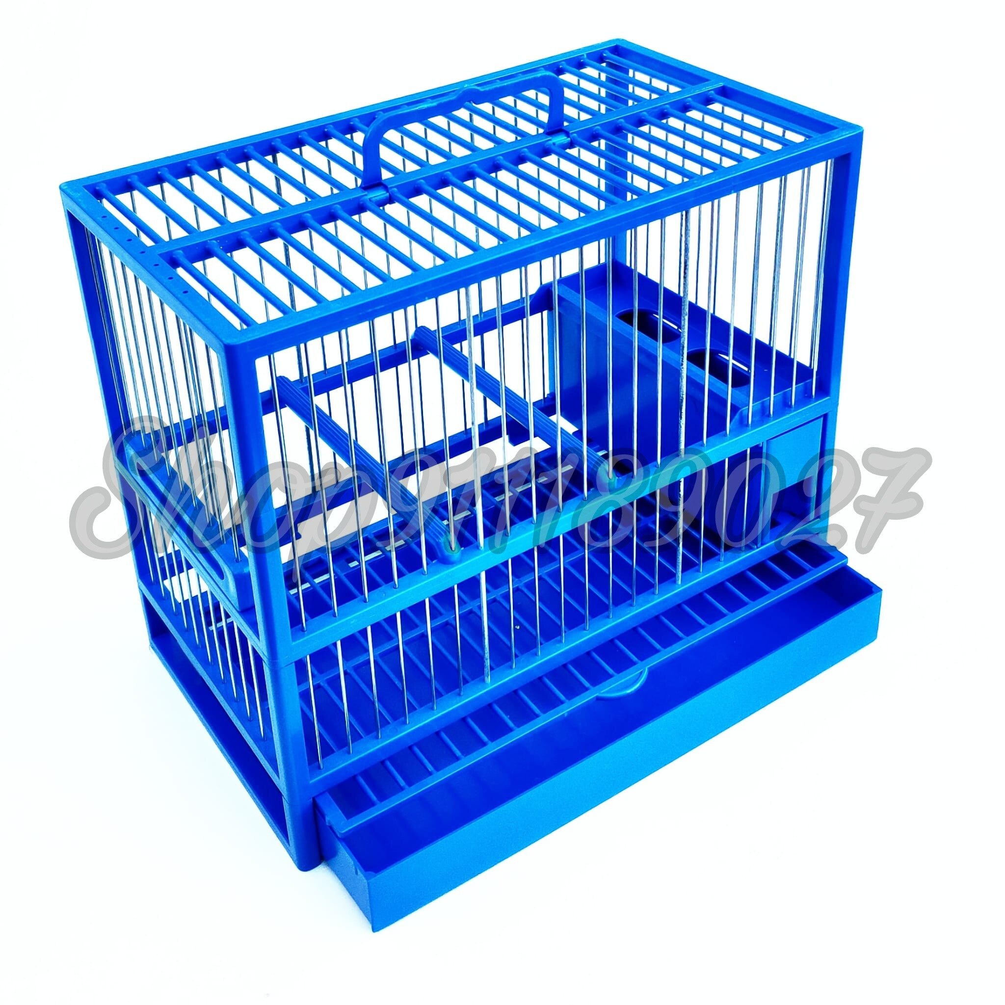Jaula reclamo C2 jilguero, silvestrismo, bandeja, rejilla, comedero, colores: Azul