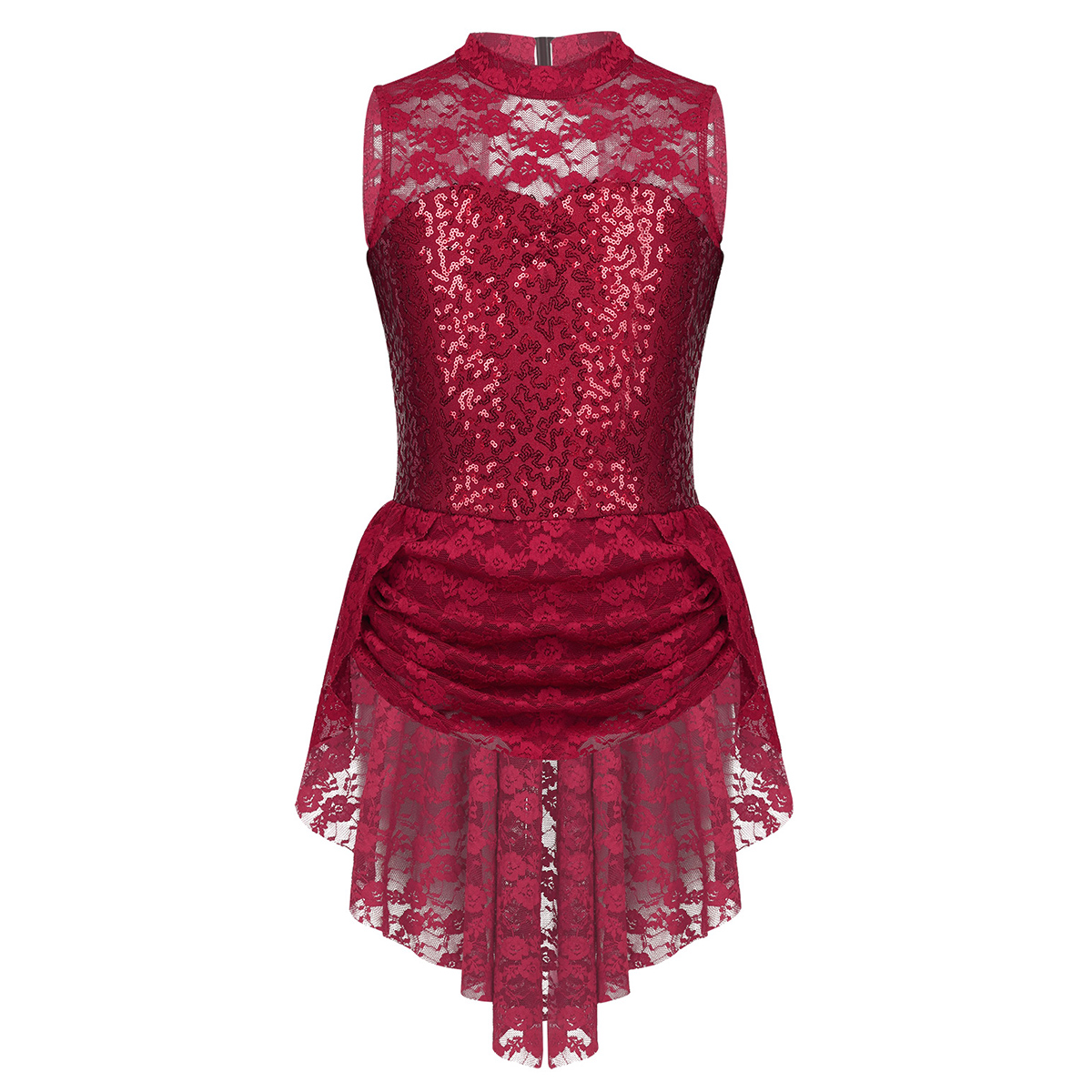 iiniim Kids Girls Sequins Ice Figure Skating Dress Lace Print Gymnastics Leotard Costumes for Teen Ballerina Dance Tutu Dress: Burgundy / 6