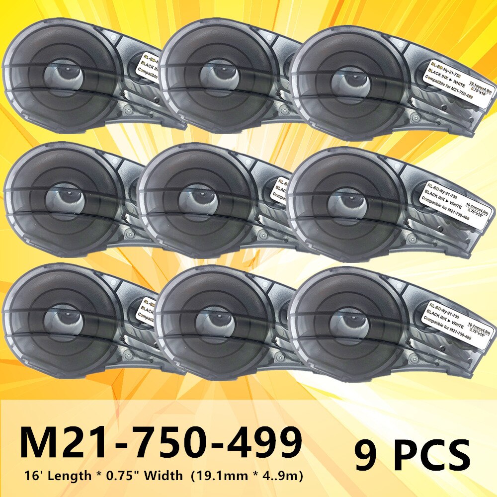 9pk for  m21-750-499 19.1mm bredde etikettape sort på hvid kompatibel til brady bmp 21 plus id pal og labpal etiketprintere