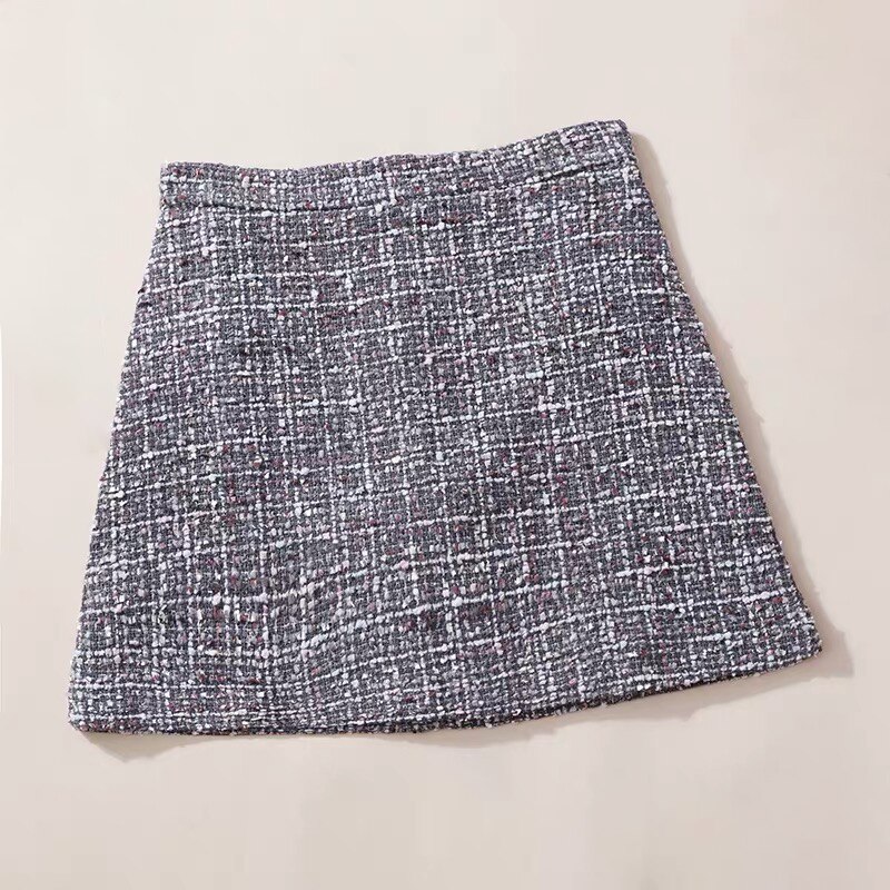 Vintage Winter Tweed Skirts Women Autumn Mini Pencil Skirts Plaid Wool Skirts Korean Bodycon High Waist Tweed Skirt Lady