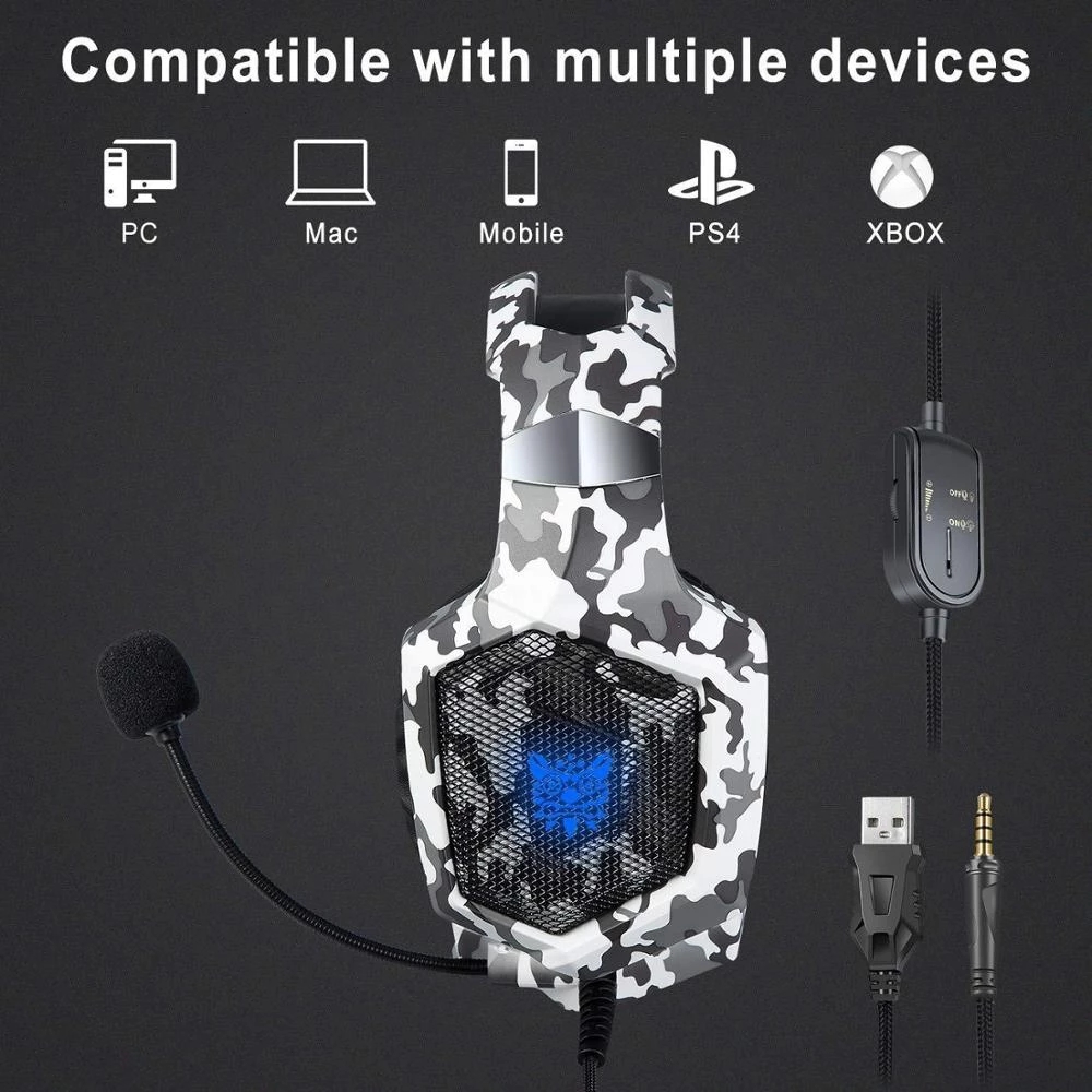 ONIKUMA K8 gamingowy zestaw słuchawkowy przewodowe słuchawki Stereo z redukcją szumów z mikrofonem LED Lights słuchawki na PS4 XBox One PC Laptop Tablet