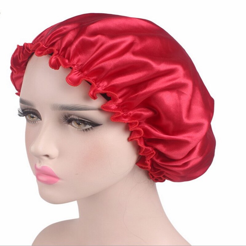 Adult Shower Caps Women Satin Night Sleep Cap Hair Bonnet Hat Silk Head Cover Wide Elastic Band Adult Shower Caps: wine red