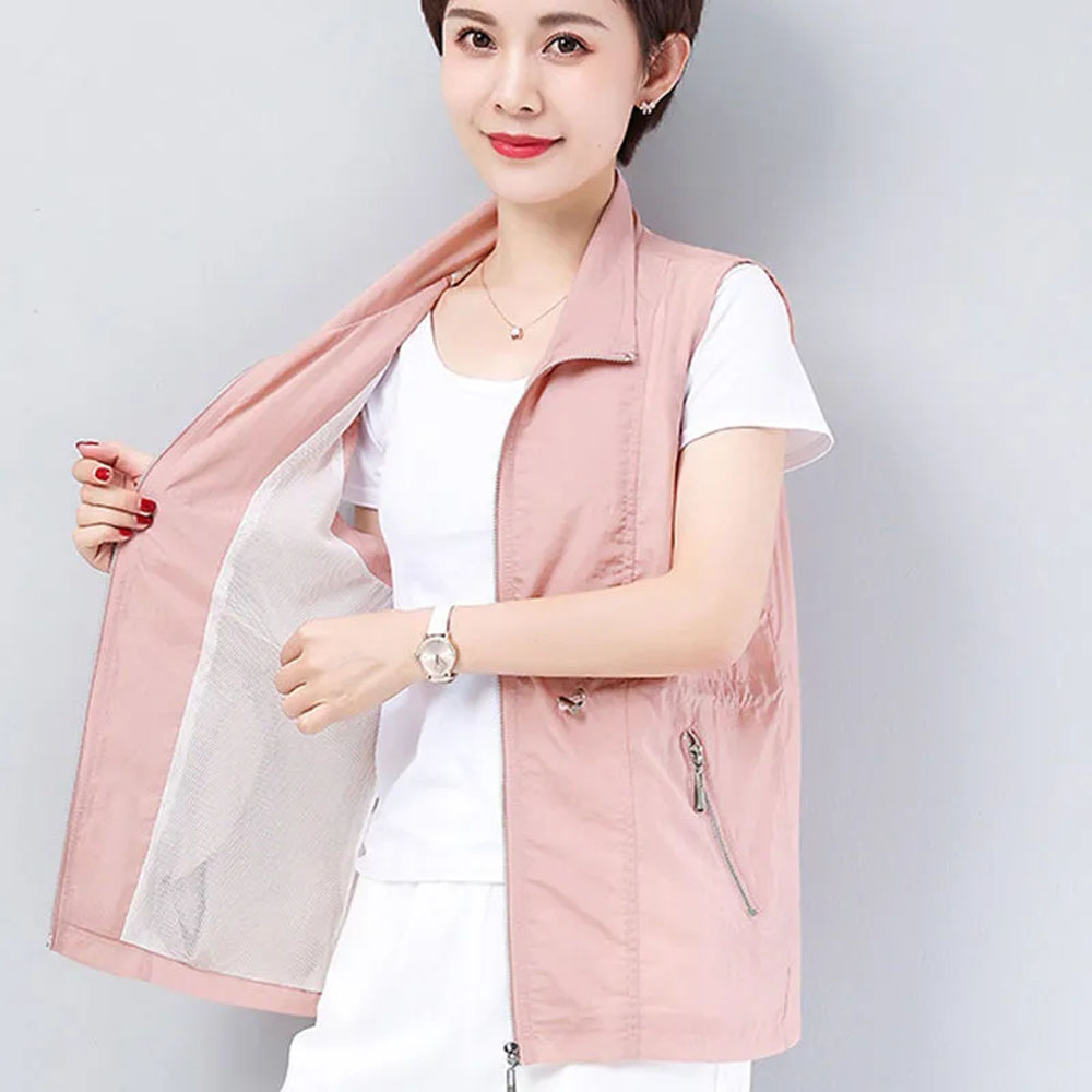 4xl Doppels chicht Damen weste Sommer westen Stehkragen dünne Sonnenschutz weste mittleren verändert weibliche ärmellose Jacke: XXXL / Rosa