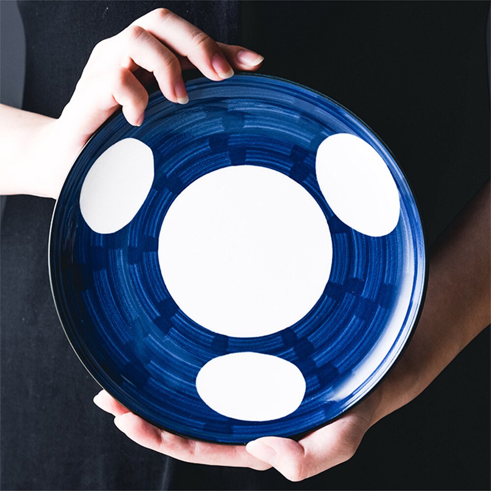 8Inch Japanese Ceramic Round Dish Home Breakfast Plate Pasta Dessert Steak Western Dish Hand-Painted Simple Decoration 1PC