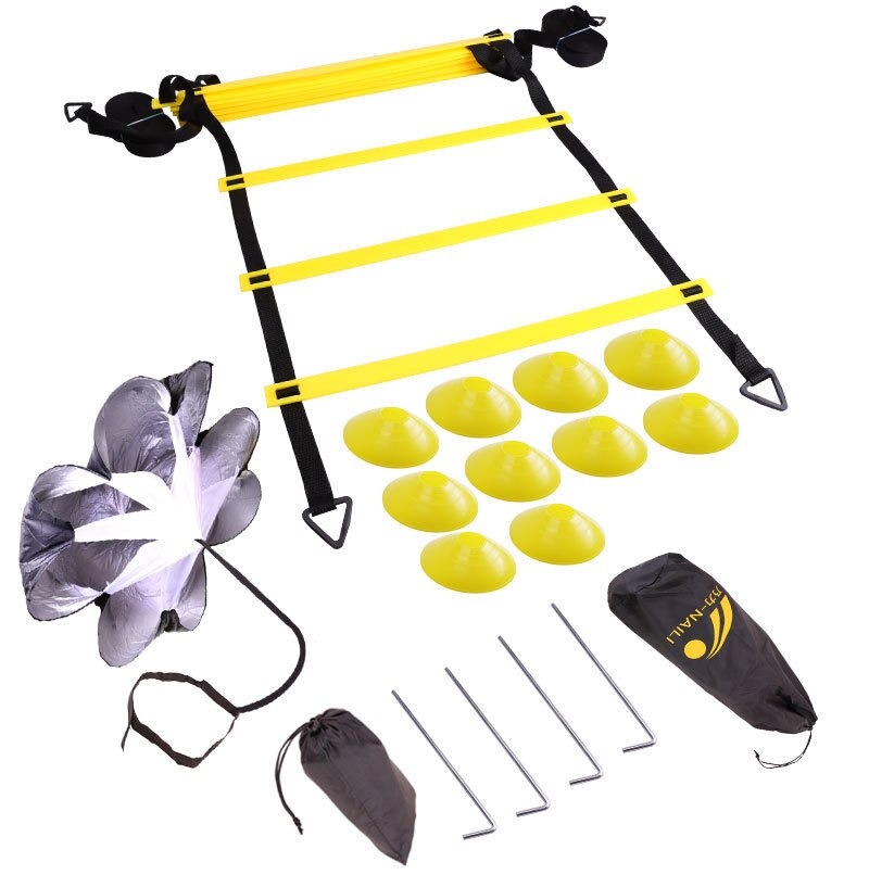 Adjustable Footwork Soccer Football Fitness Speed Rungs Agility Ladder Training Equipment Kit with Resistance Parachute Disc: Yellow 6M 12Rung