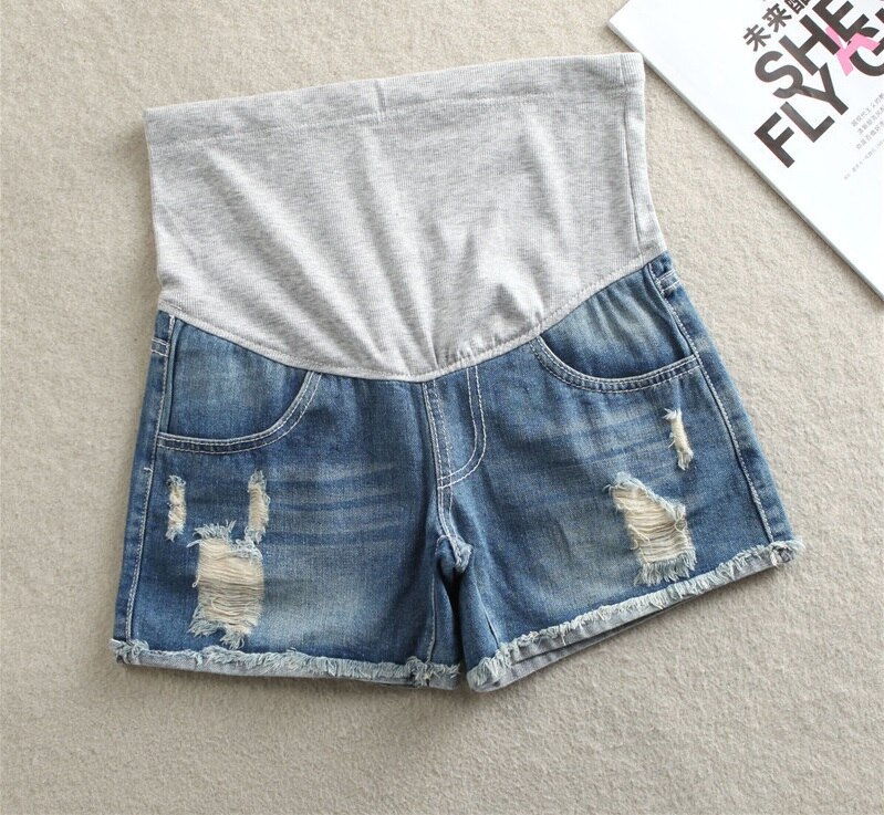 Pantalones cortos premamá de mezclilla, cortos de algodón para el embarazo, ajustados, con agujeros, elásticos