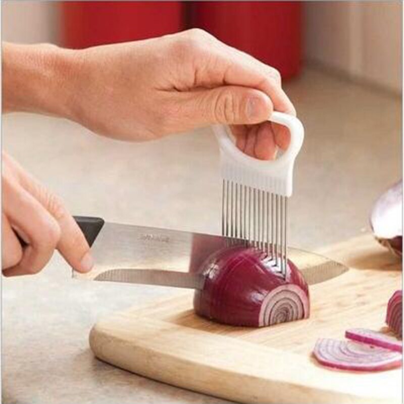 Tenedor de cocina de soporte para corte fácil de cebolla, rebanador de verduras de plástico de acero inoxidable, cortador de tomate, dispositivos con agujas para carne, herramientas de carne 10