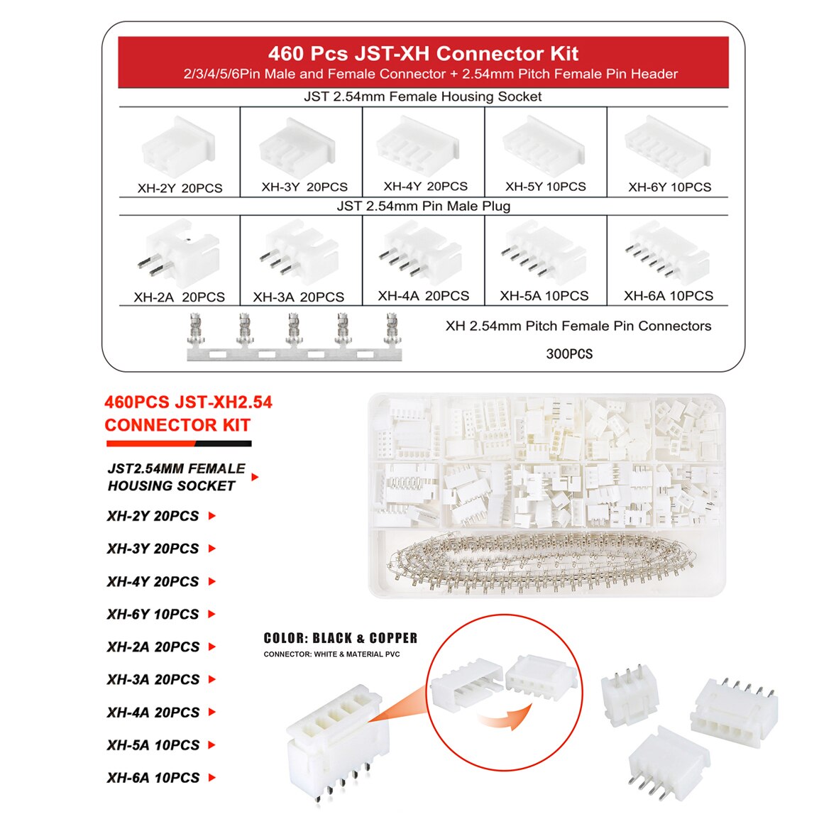 JST – Kit de connecteurs mâles et femelles XH2.54 PH2.0, avec fiches à 2/3/4/5/6 broches et câbles terminaux