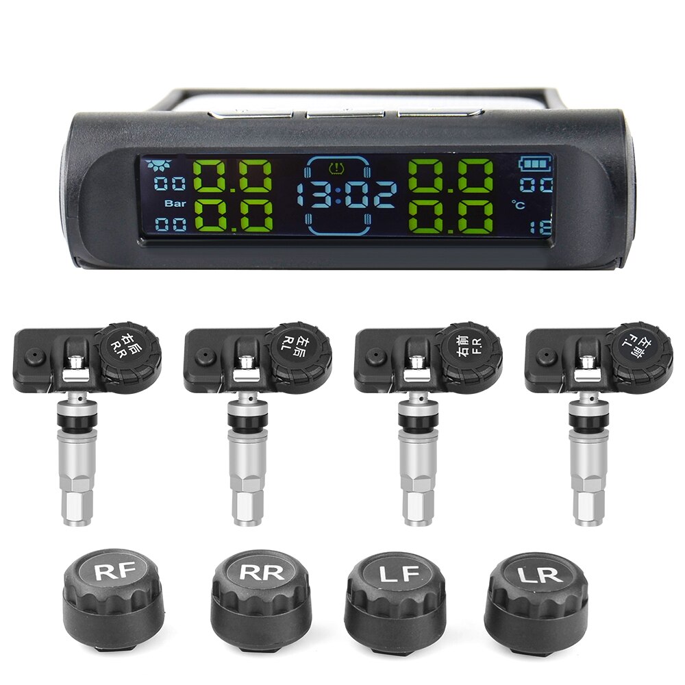 TPMS Wireless Tire Pressure Monitoring System Solar Power Clock LCD Display 4 External/Internal Sensor Tire Pressure Sensors