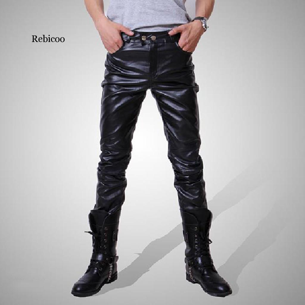 Mænd skinny imiteret læder fritidsbukser sorte pu skinnende bukser sangere club performance on stage danser jeans plus forhandling: L