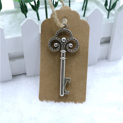 10 stks/partij Sleutel Flesopener DIY Skelet Wijn Opener met Escort Tag Kaart Rustieke Bruiloft Gunst Souvenir: Silver-10pcs