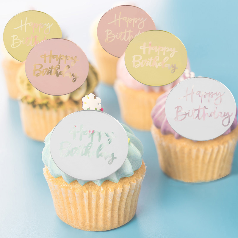 10pcs Gold Silver Happy Birthday Cupcake Topper Dessert Cake Decorations Acrylic Rose Gold Circle Cake Topper for Birthday Party