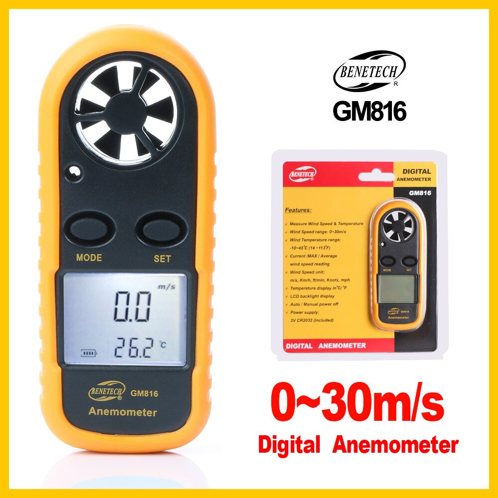 Draagbare Digitale Anemometer Meter Temperatuur Testerwind Gauge Meter 30 M/s Lcd Hand-Held Tool GM816-BENETECH