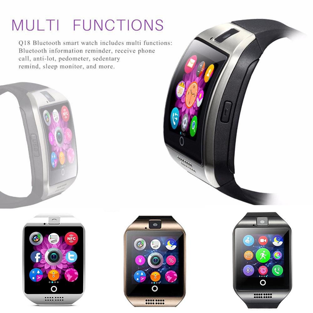 Q18 Bluetooth accorto guarda con fotocamera Facebook Whatsapp twitter sincronizzare SMS Smartwatch supporto SIM TF carta per IOS androide