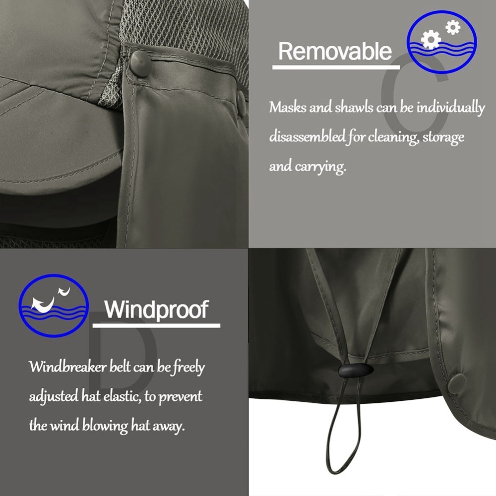 Gorros con solapa de nailon de secado rápido para exteriores, con correa para la barbilla, protección UV de 360 grados, mascarilla facial plegable empaquetable