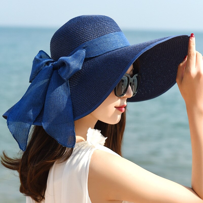 Women Ladies Summer Hats Straw Hats Bow Beach Foldable Sun Hats