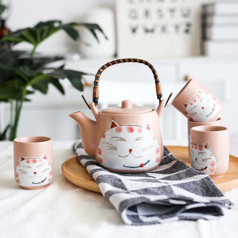 Japanska handmålade plutus katt keramiska te ställer en kruka med fyra lådor med rosa svart två stycken