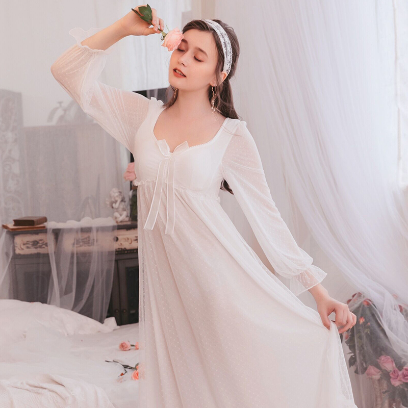 Romantic Nightgown Woman Autumn Lace Long Dress Sleepwear Woman Long Sleeve Nightgowns Night Gown: White sale / M