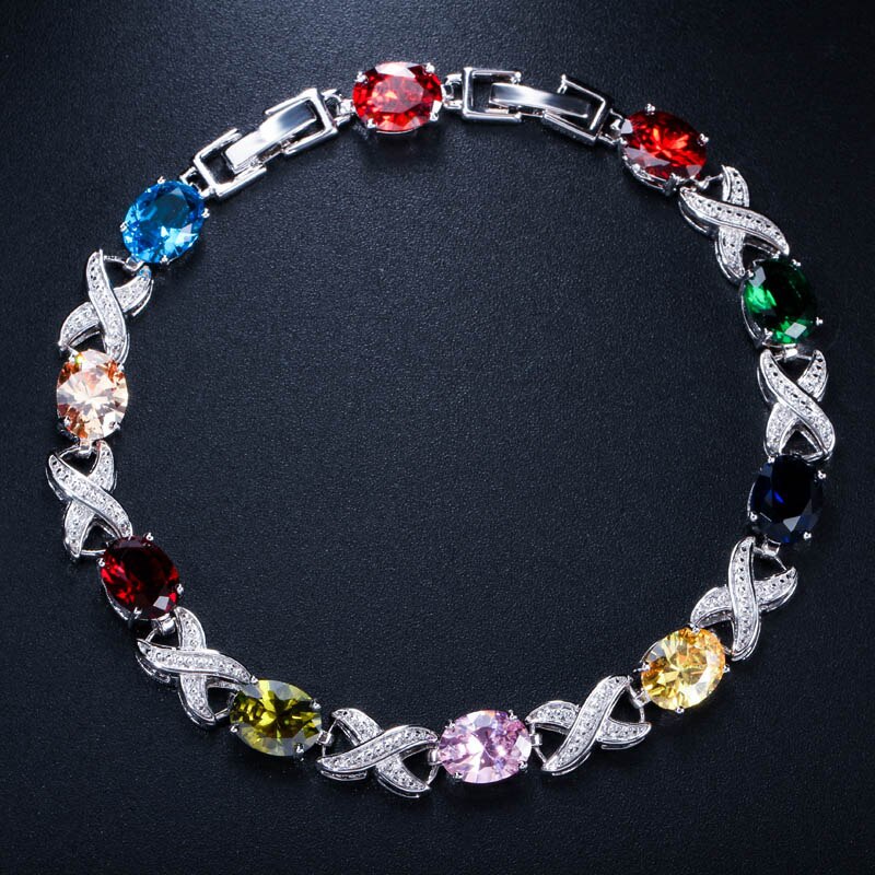 CWWZircons Argento di Alta Qualità di Colore Trasversale Rotonda Cubic Zirconia Donne Catena Braccialetti di Collegamento per la Cerimonia Nuziale Accessori Da Sposa CB008: multicolor