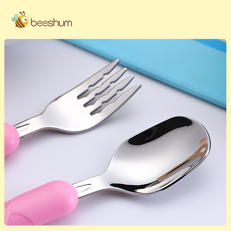 Beeshum Infant Feeding Spoon Fork Baby Gadgets Tableware Set Children Cartoon Utensil Stainless Steel Toddler Dinnerware Cutlery