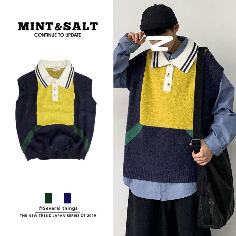 Efterår koreansk sweater vest herre hit farve casual strikket pullover herre streetwear løs herre vest strikke sweatere