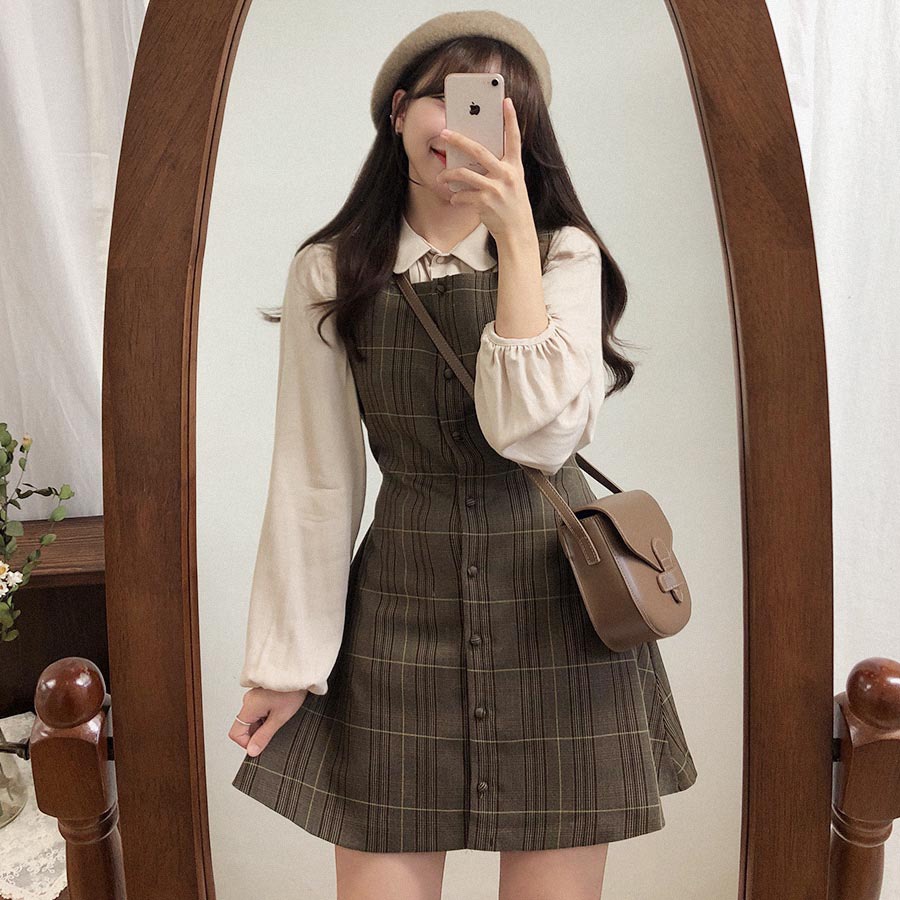 Preppy Sty – tenues assorties pour filles japonaises, robe chemise trapèze à carreaux pour dames, automne printemps 2023