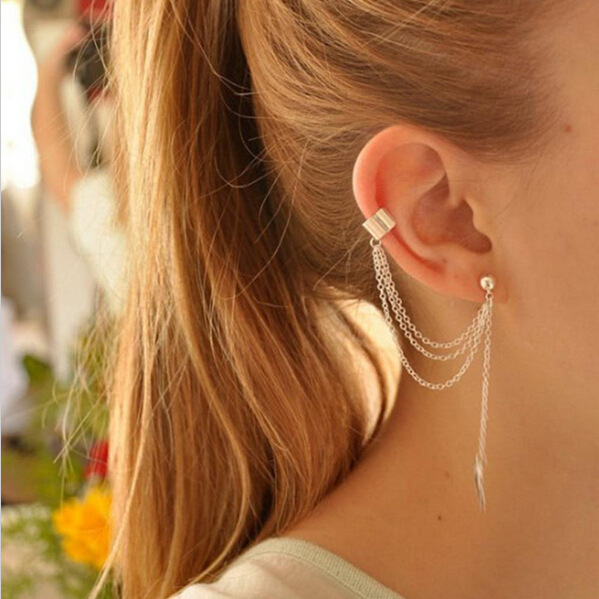 Pendientes con cadena Punk para mujer, Clip de oreja, borla larga, cono puntiagudo, sin agujero para la oreja, E7149: Bañado en rodio de imitación