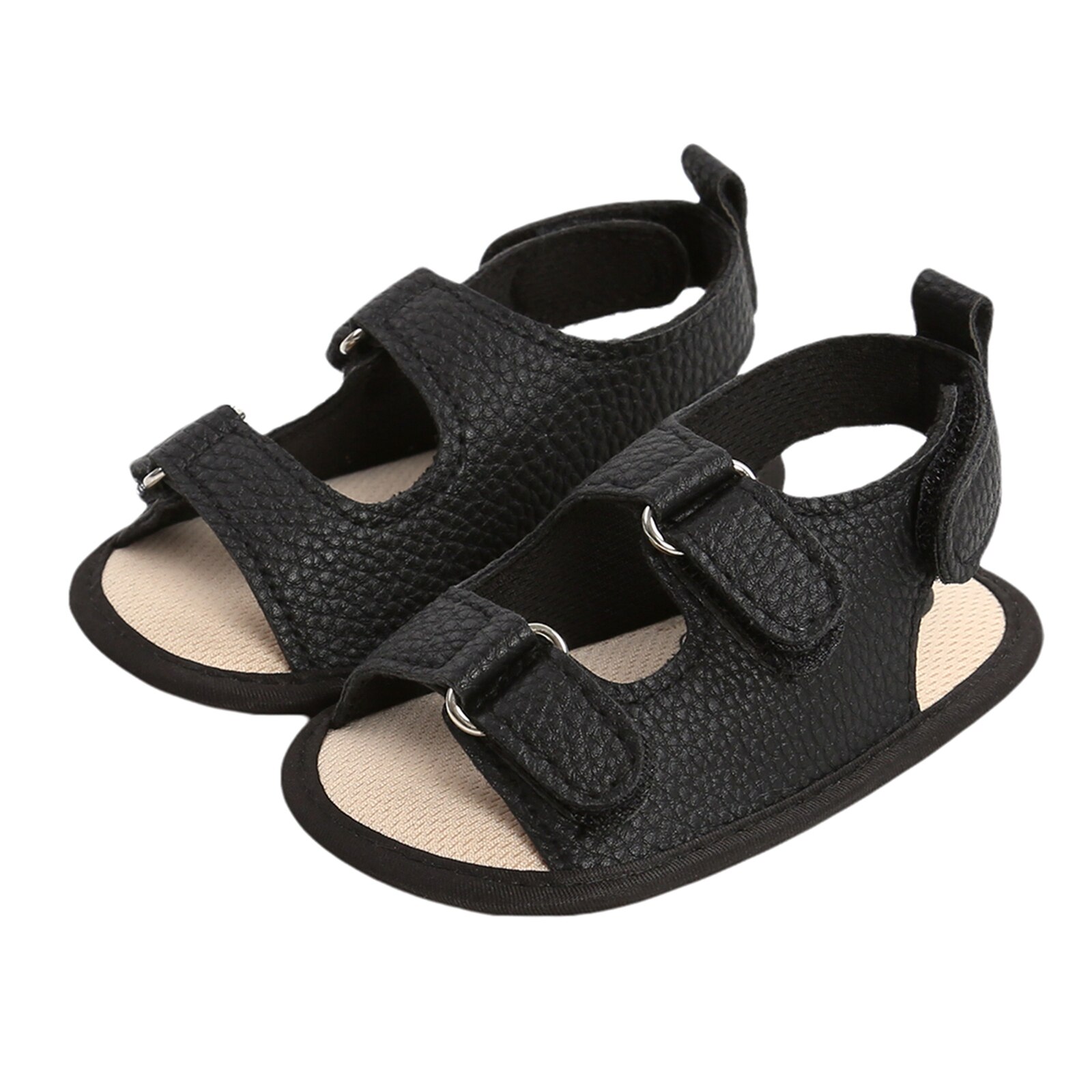 Baby Jungen Mädchen Leder Sandalen, Anti-Unterhose Sohle Einfarbig Wohnungen Erste Wanderschuhe: Schwarz / 0-6 Monate