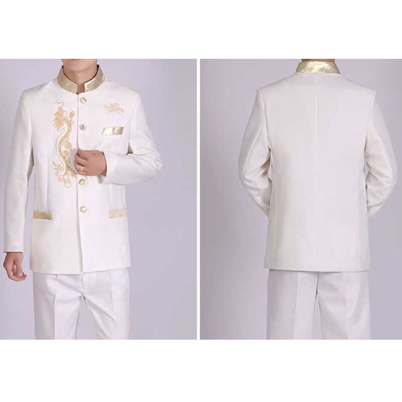 Túnica de estilo chino para hombre, chaqueta con bordado de dragón, cuello levantado dorado, traje de actuación de escenario, abrigo de un solo pecho