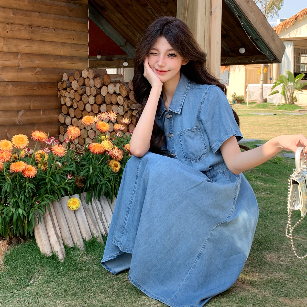 Blå denimkjole til kvinder sommerkjole med nedadgående krave og korte ærmer i a-linje, plus size, mellemlang afslappet kjole