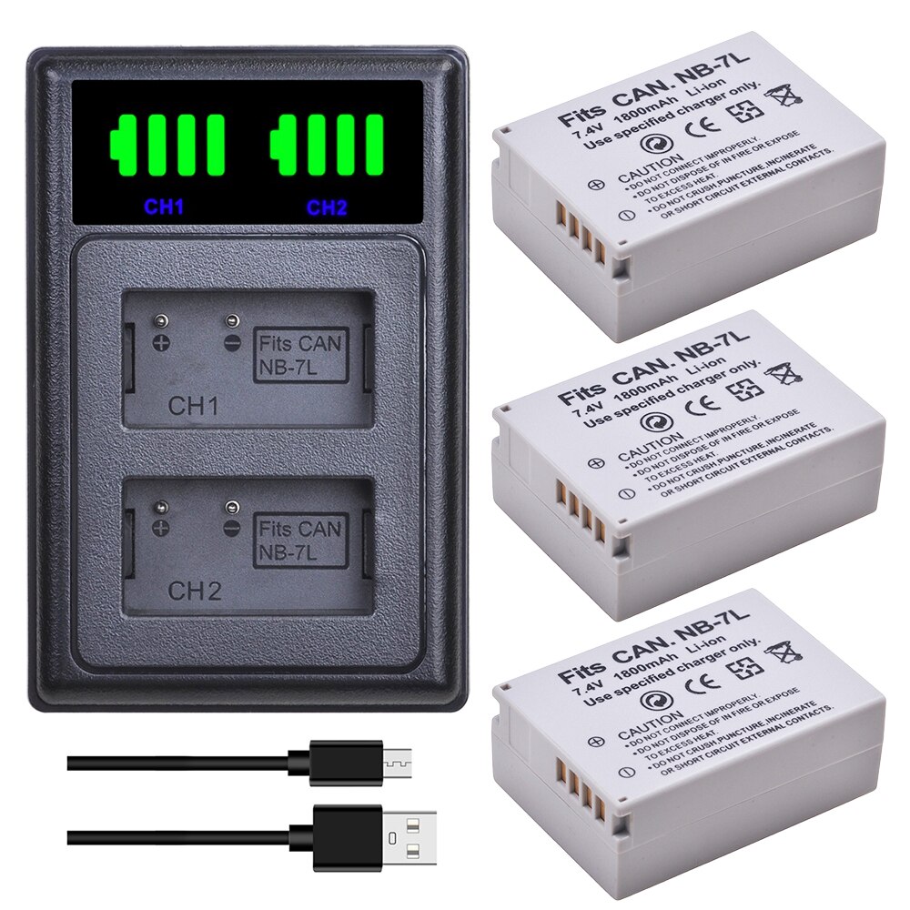 NB-7L Batterij 1800Mah NB7L Nb 7L Li-Ion Batterij + Led Dual Usb Oplader Voor Canon Powershot G10 G11 G12 SX30 SX30IS Digitale Camera: Charger and 3Battery