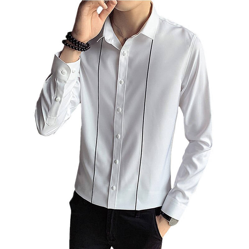 Lente en herfst heren lange mouwen gestreept shirt wit zwart heren top slim camisa s-xxxl