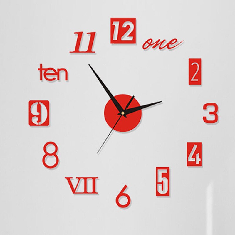 Fowecelt-Reloj de pared 3D, moderno, pegatina de pared grande acrílica, reloj de pared DIY, reloj de decoración para el hogar, decoración de habitación de estética: Rojo