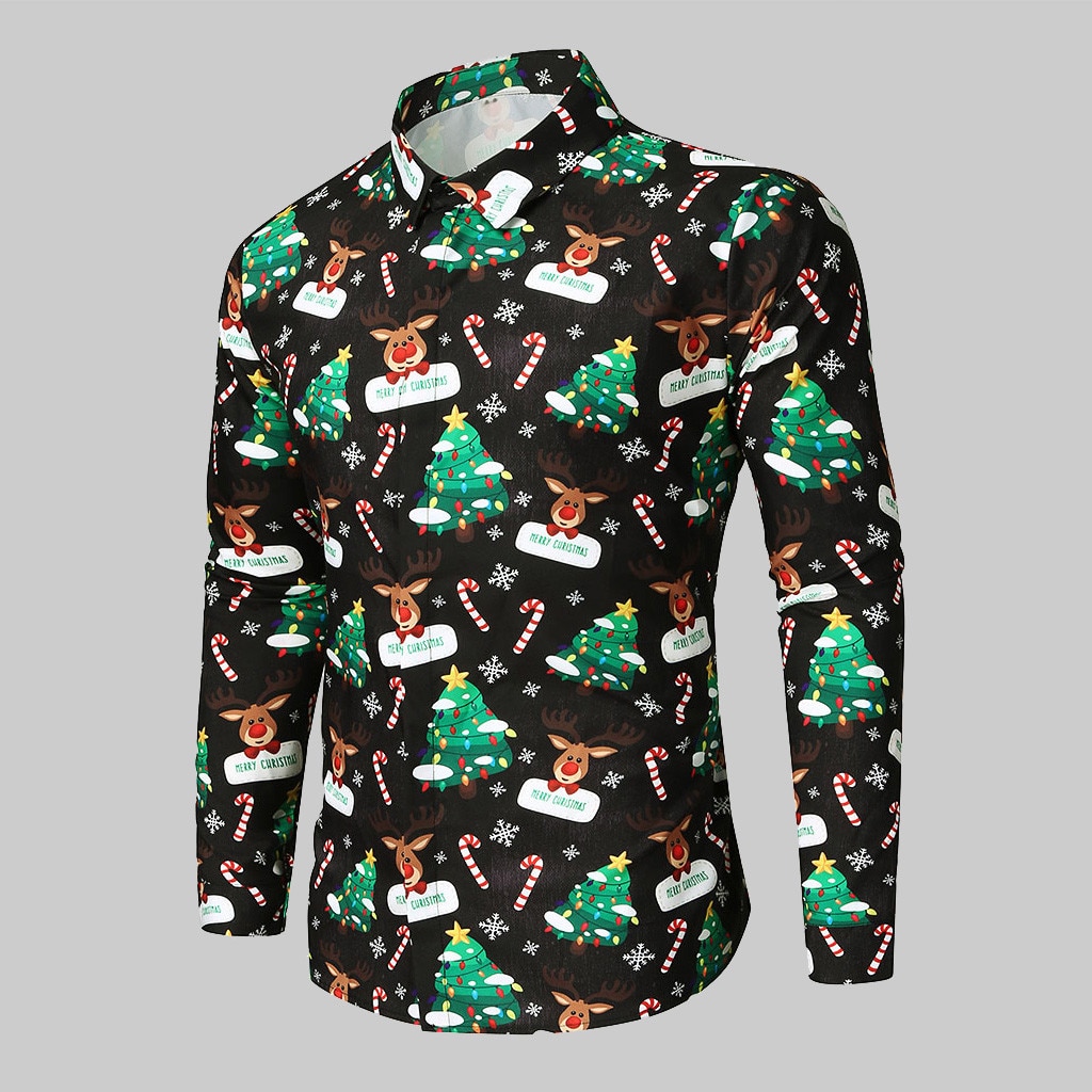 Mens Shirt Kerst 3d Sneeuwvlokken Printing Lange Mouwen Casual Blouse Shirt Kerst Shirt Jaar Party Mannen Kleding