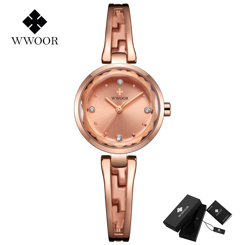 Woor damklocka märke lyx diamant handled dam klockor silver armband klocka kvinnlig klocka relogio feminino: Rosa guld