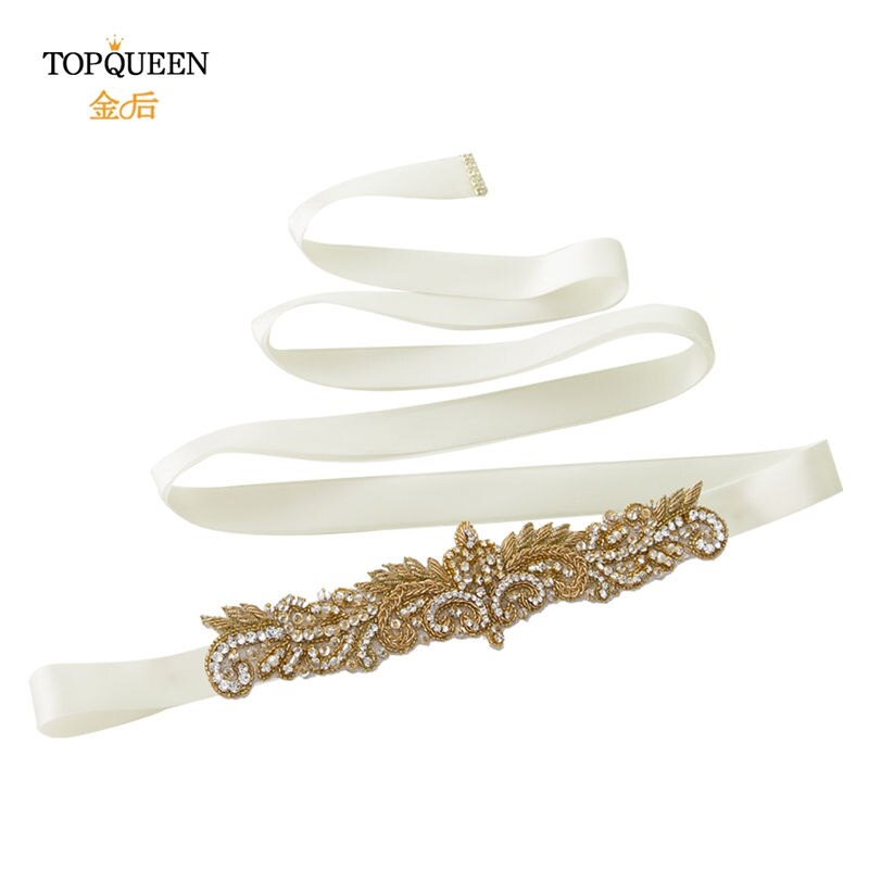 Topqueen  s375- g gull rhinestone midjebelte kvinner beaded bryllup belter india blonder brude sash belte gull belte for formell kjole: Off white