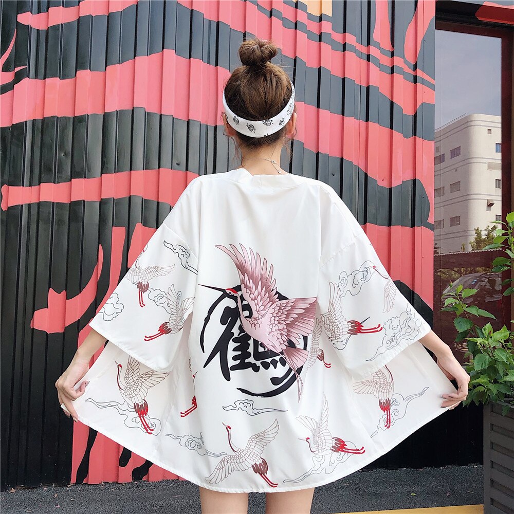 Japanese Yukata Kimono Summer Top Japan Printed Crane Haori Kimono Japones Harajuku Kimono Boho Yukata Women: style 8