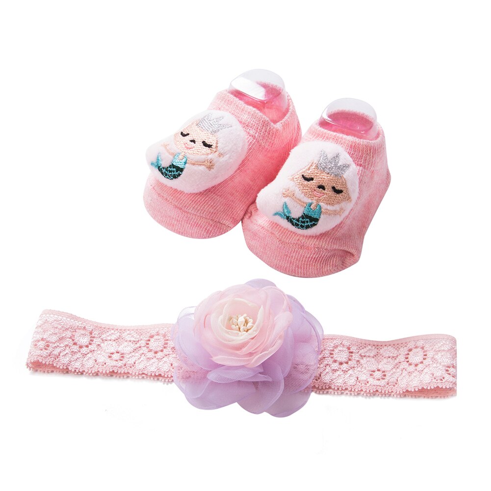 Newborn Baby Girl Lovely Socks Headband Set Flower Bowknot Crown Lace Headwrap + Booties Lace Cute Animal Decor Socks 2Pcs Set: F