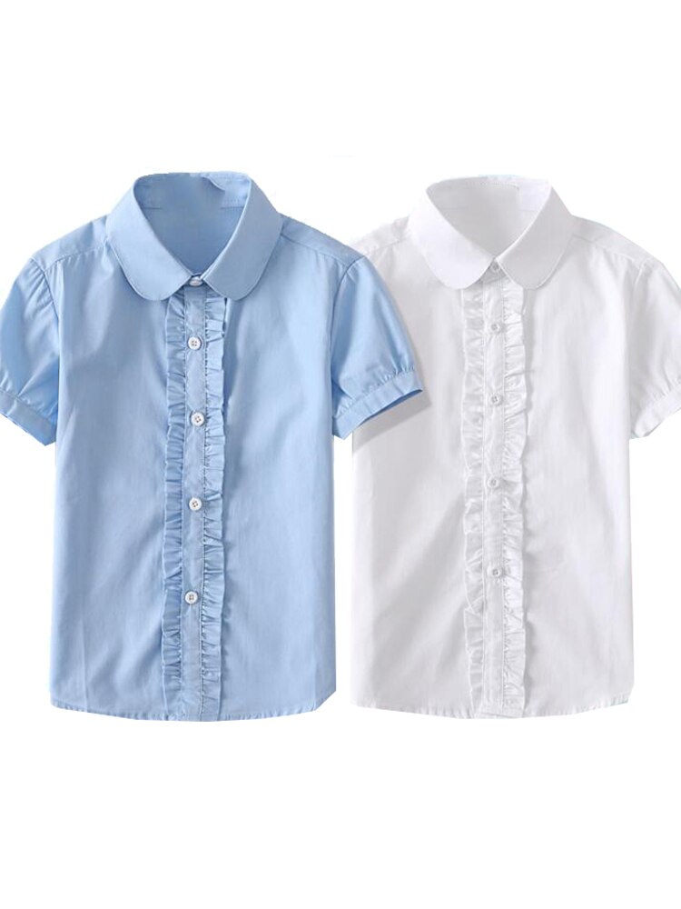 Summer Kids Blue Shirts for Girls School Uniform White Blouses Short Sleeve Preppy Cotton Children Clothing Vestidos 6 8 10 14 Y