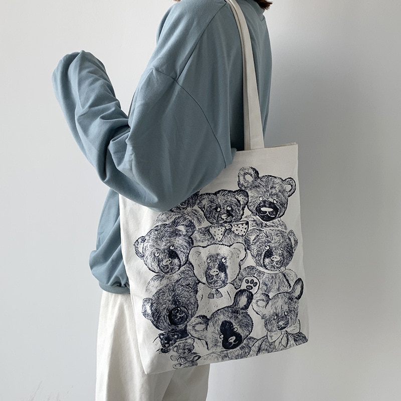 Canvas Tote Bag Cartoon Printing Vrouwen Schouder Shopper Tassen Koreaanse Harajuku Katoenen Doek Eco Herbruikbare Boodschappentas
