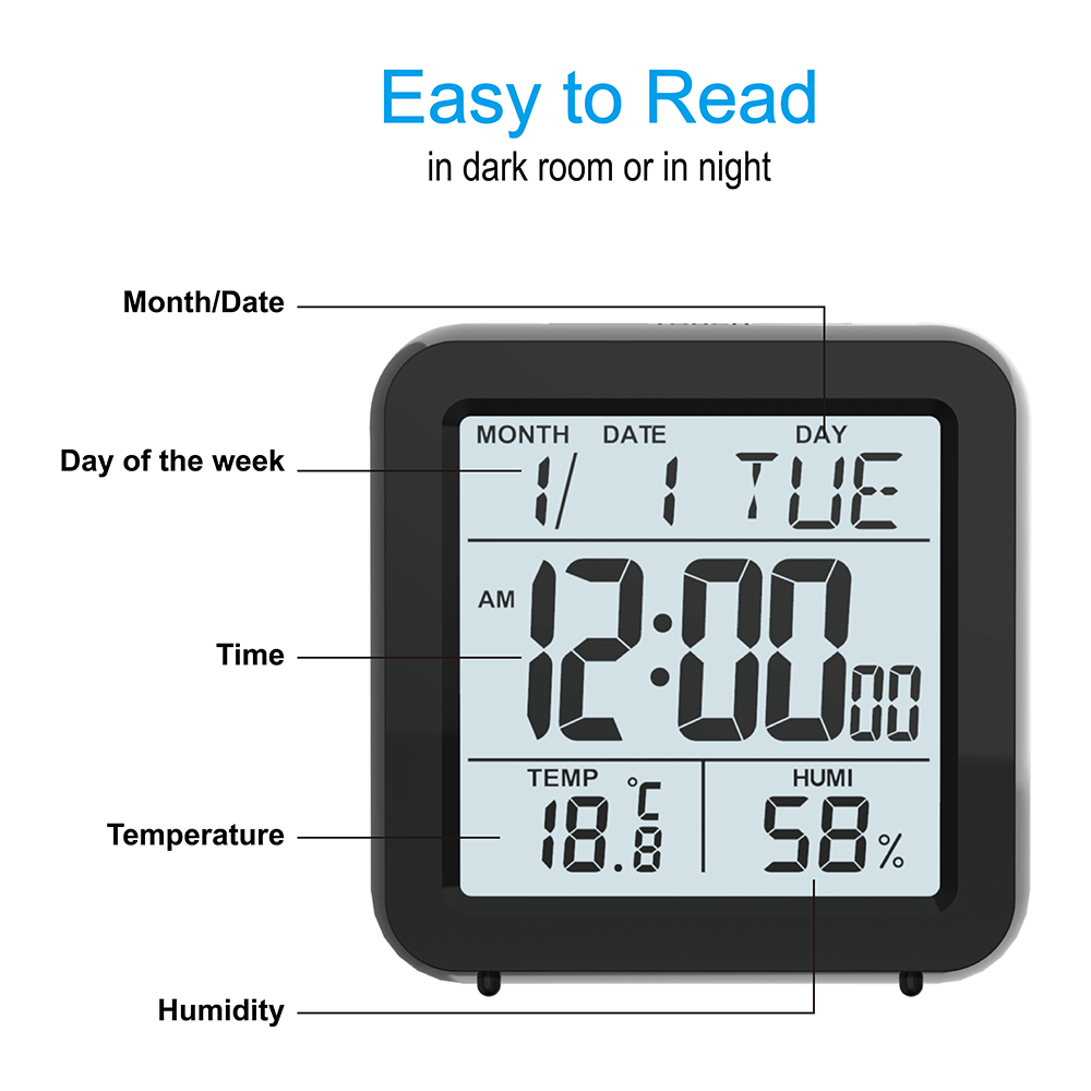 Elektronische Desk Snooze Wekker Kalender Met Grote Digitale Nachtkastje Batterij Operated Met Thermometer Hygrometer