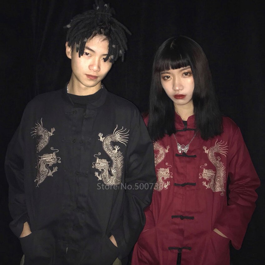 Ropa tradicional china de Bordado de dragón, chaqueta Tang para mujer y hombre, ropa elástica, Kimono, blusa Vintage, Top para parejas,