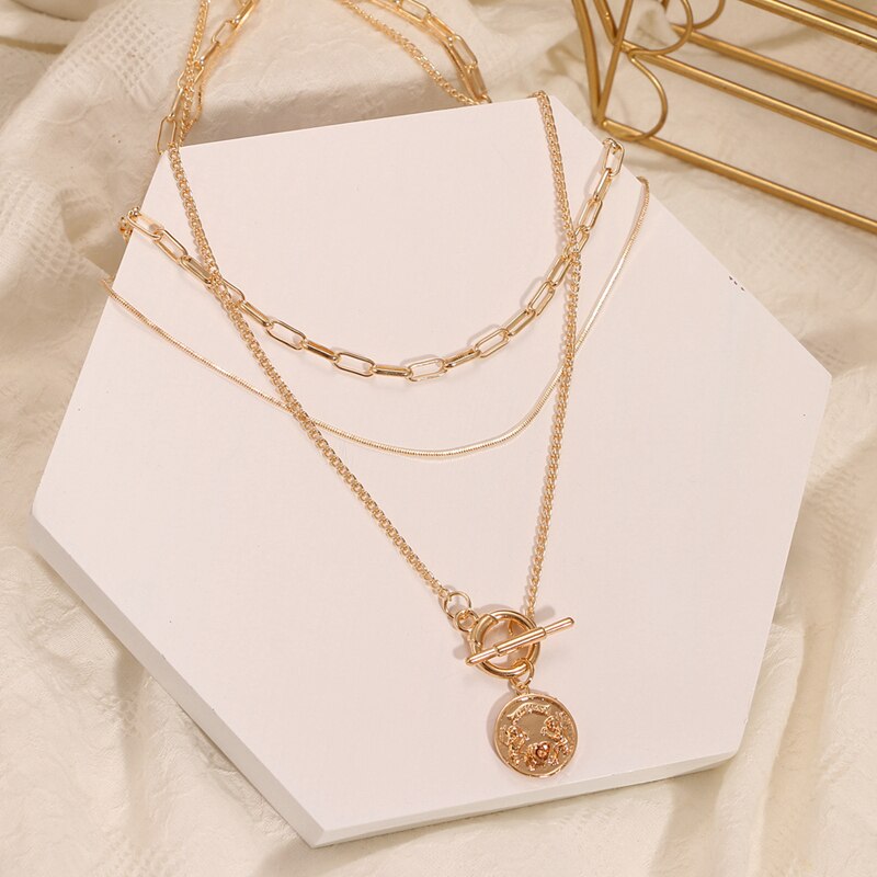 VKME Retro Coin Silver Gold Chain Necklace For Women Multi-layer Geometric Round Pendant Silver Choker Necklaces Jewelry: 6  VK30262