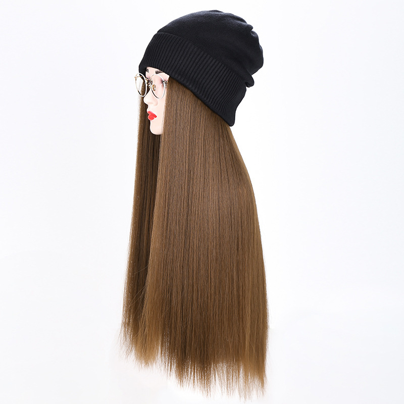 Sombrero con pelucas de pelo para mujer, pelo largo y liso, sintético, cálido y suave, gorro de punto, todo en uno, con sombrero: linen