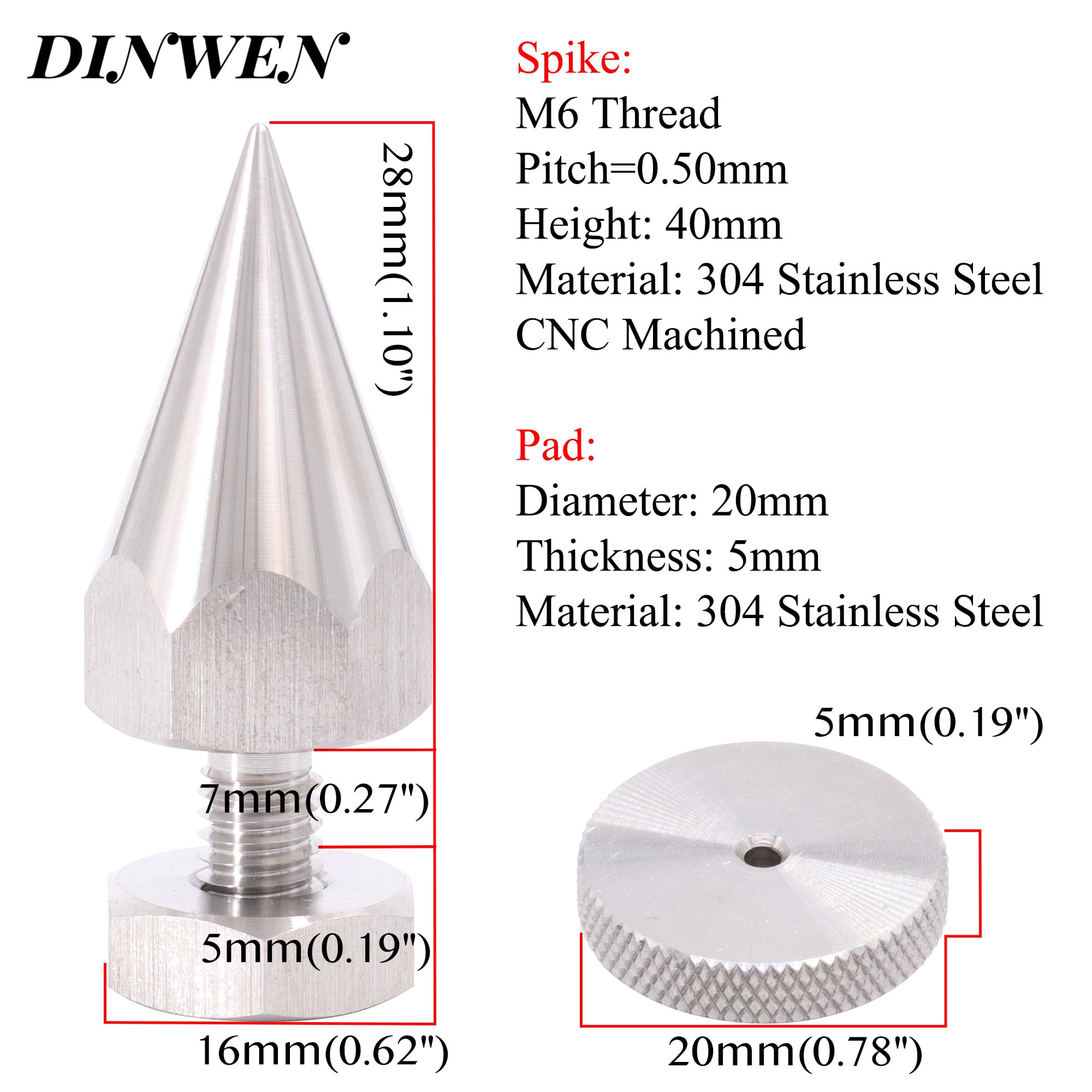 304 Stainless Steel Speaker Spike M6 M8 M10 Thread AMP Studio Monitor Turntable Pad 40mm Instrument Isolation Stand Cone Foot