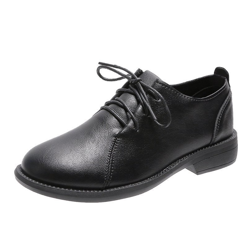 Zapatos informales De cuero liso Oxford para Mujer, calzado plano con cordones y tacón bajo cuadrado, Zapatos De Mujer: Black8 / 8,5