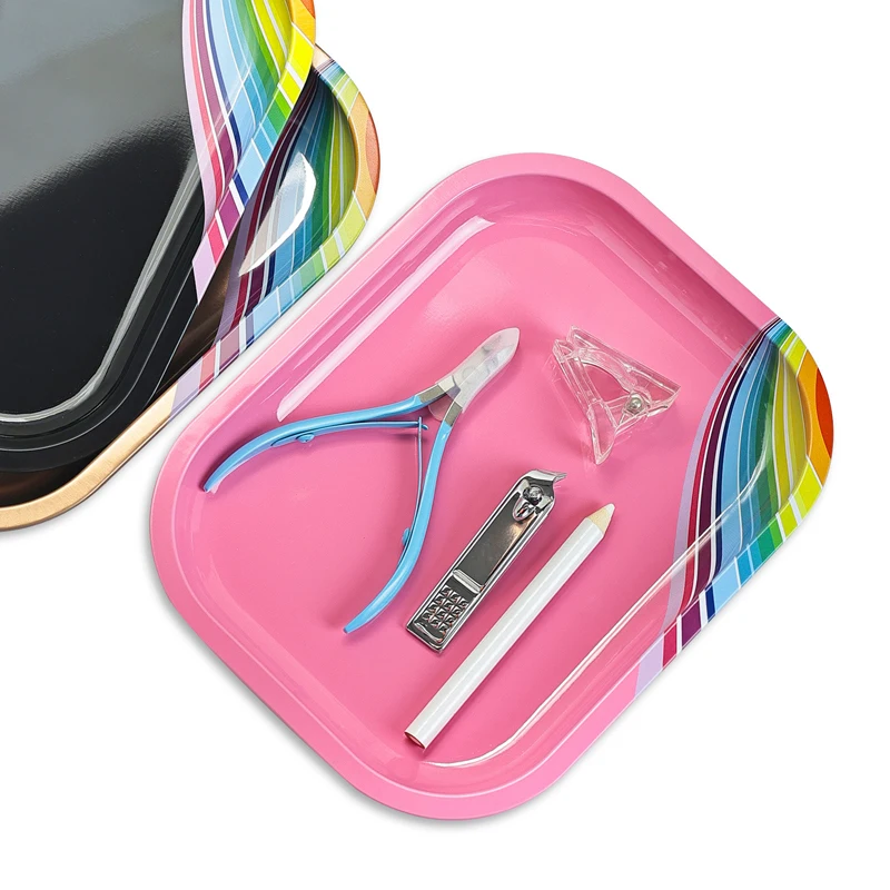 Cosmetic Storage Tray Manicure Nail Art Plate Stainless Steel Tweezers Clippers Pen Container Square False Nails Dish Tools